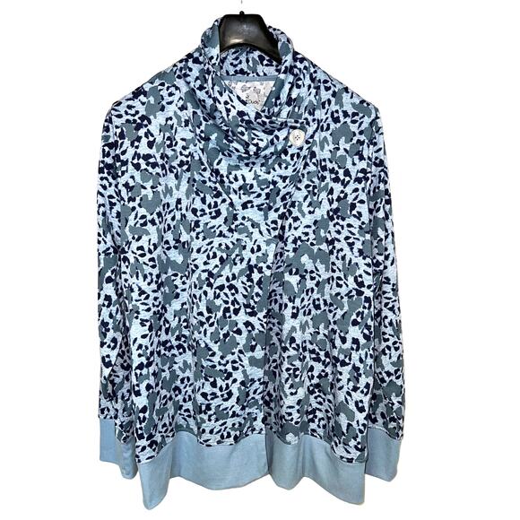 Cuddl Duds Cardigan Sweatshirt Womens 2X Blue Leopard French Terry Thumb Holes - Picture 2 of 15